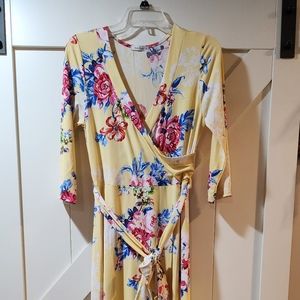 Bon Rosy Women's 3/4 Sleeve V-Neck Printed Maxi Faux Wrap Floral Dress